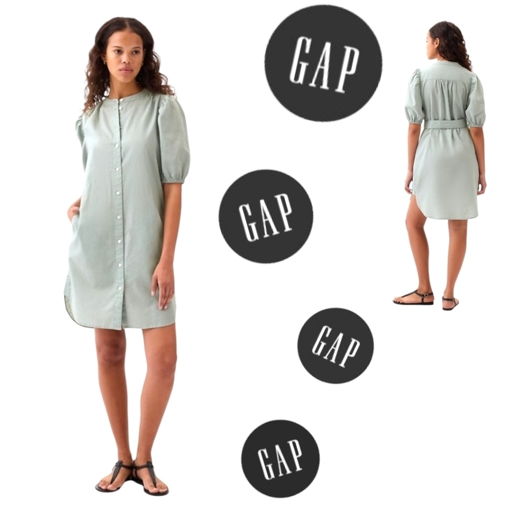 GAP Seafoam Green Linen-Cotton Mini Shirtdress  Button Front Tie-Belt NWT Sz LG